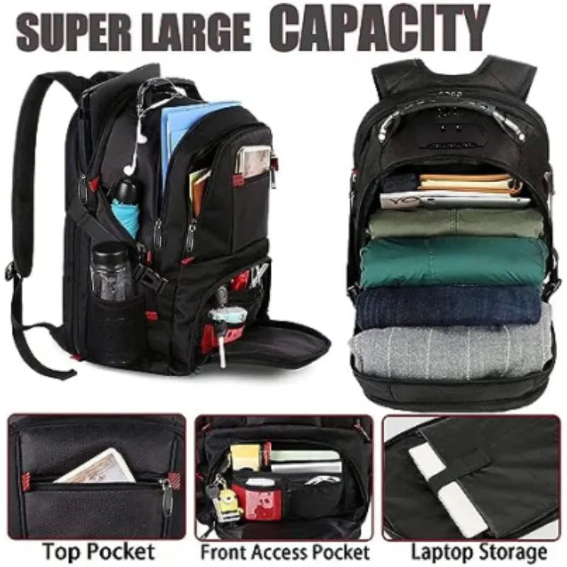 Large waterproof Oxford cloth USB backpack with curved shoulder straps in black colour