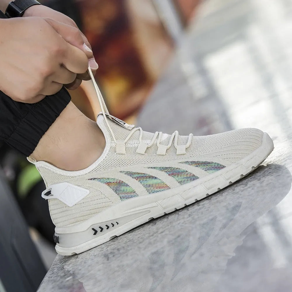 Men's low-top mesh sneakers in black, gray and beige colours with flat plastic sole
