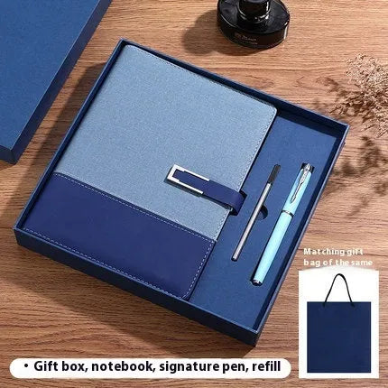 A5 soft PU leather business notebook in choice of five colours, shown with wood-free paper pages and optional gift box.