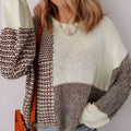 Dark khaki colour block loose sweater with long sleeves, dropped shoulders, and a back tie.