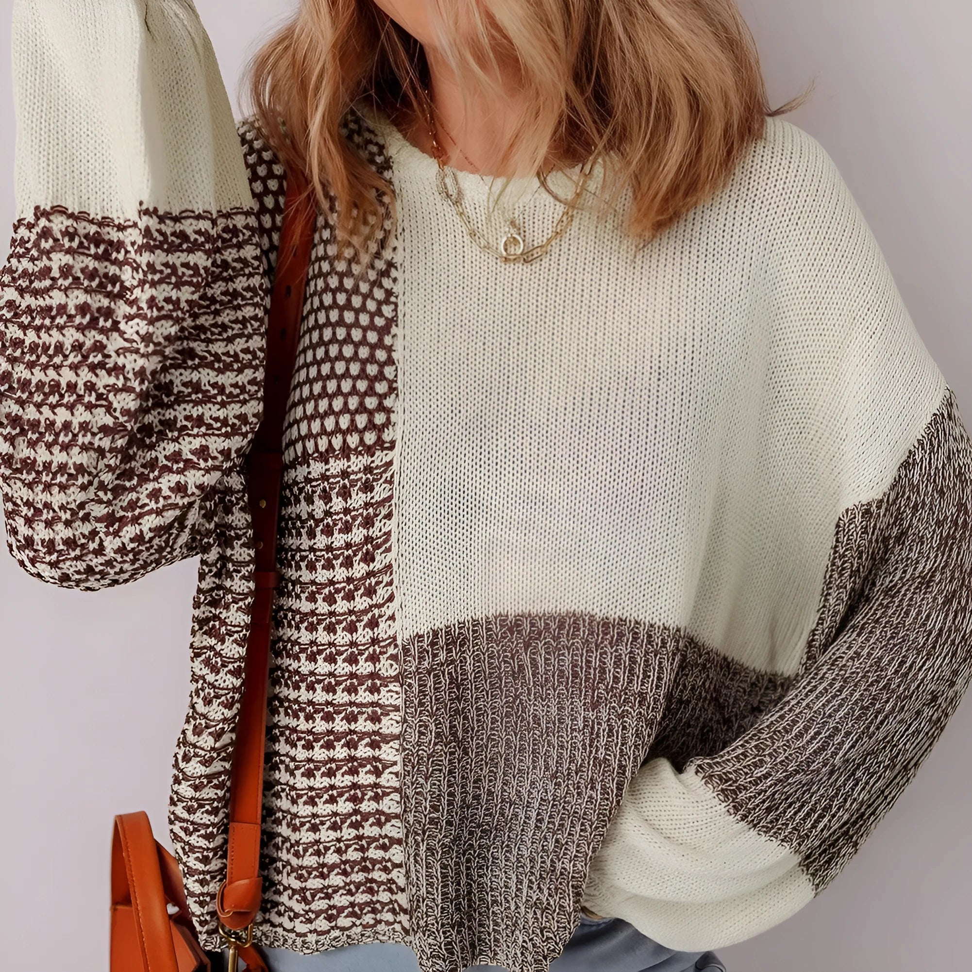 Dark khaki colour block loose sweater with long sleeves, dropped shoulders, and a back tie.