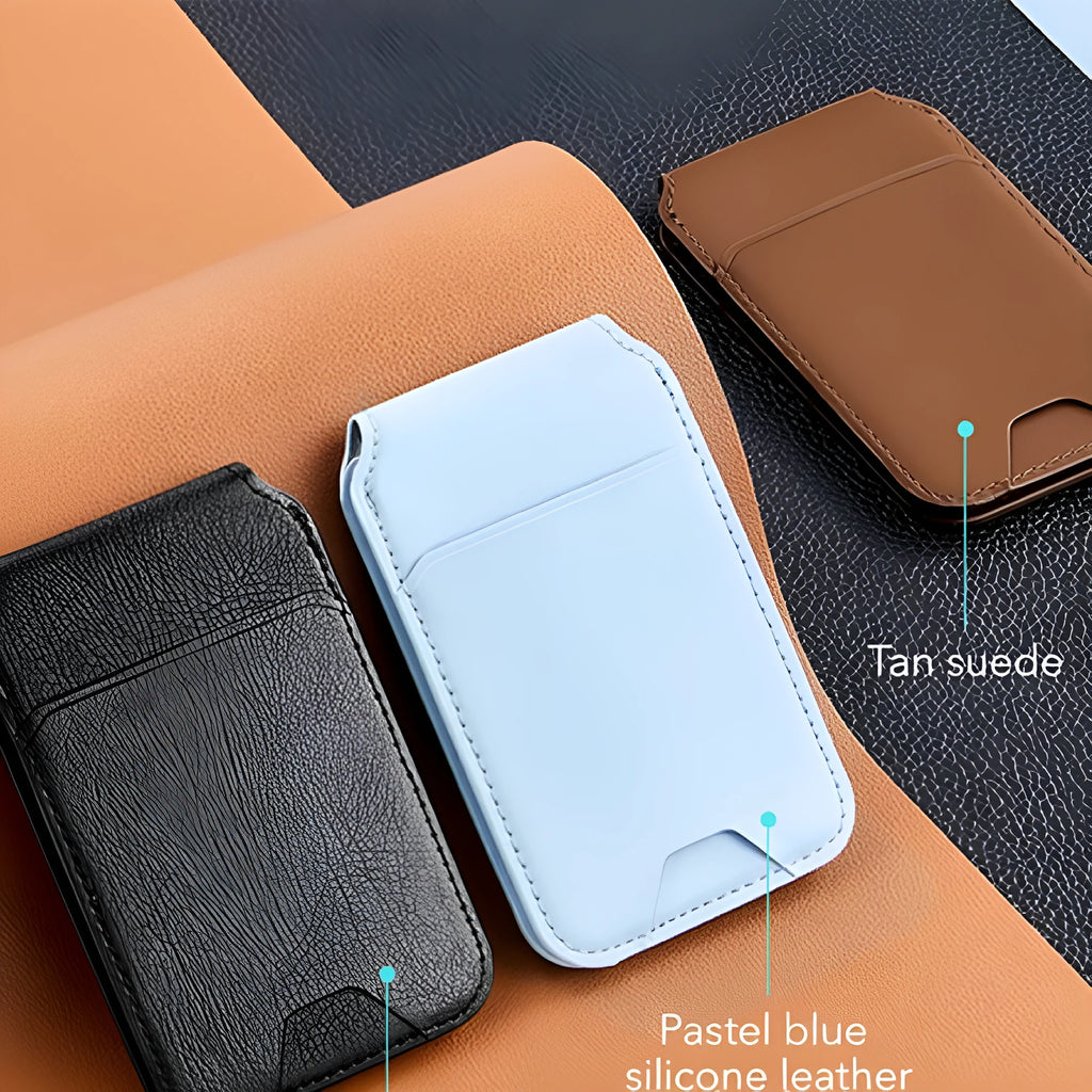 Genuine leather magnetic phone back card holder in black with contrast stitching, ultra-light and waterproof