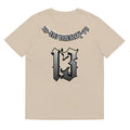 Grey loose-fit cotton summer T-shirt with short sleeves and a round neck on a hanger.