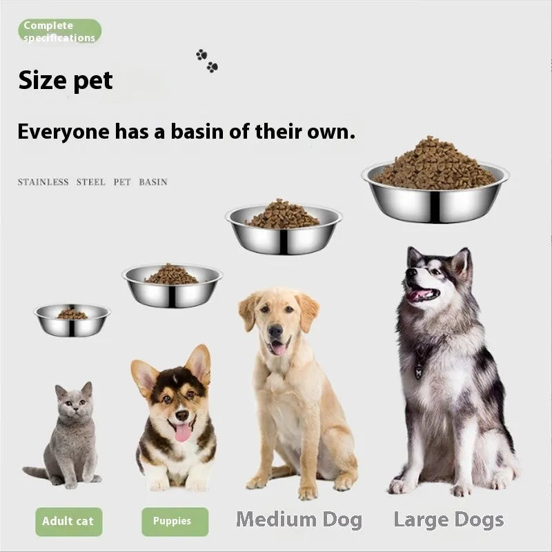 Stainless steel pet bowl in five sizes from 13cm to 22cm for cats and dogs.