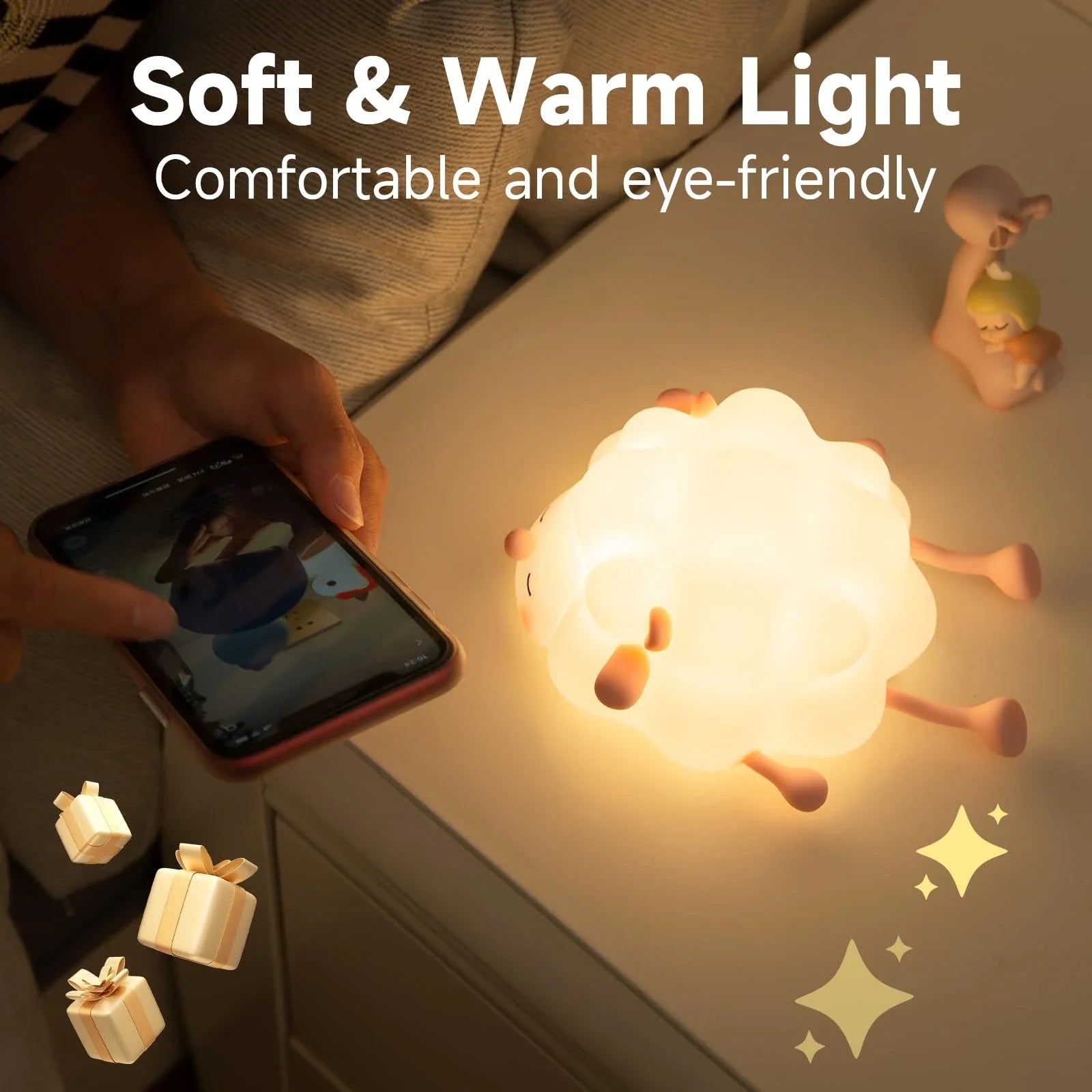Cozy silicone sheep night light with adjustable brightness, auto-off timer, and USB charging for children's bedroom decor
