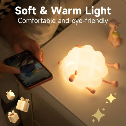 Cozy silicone sheep night light with adjustable brightness, auto-off timer, and USB charging for children's bedroom decor
