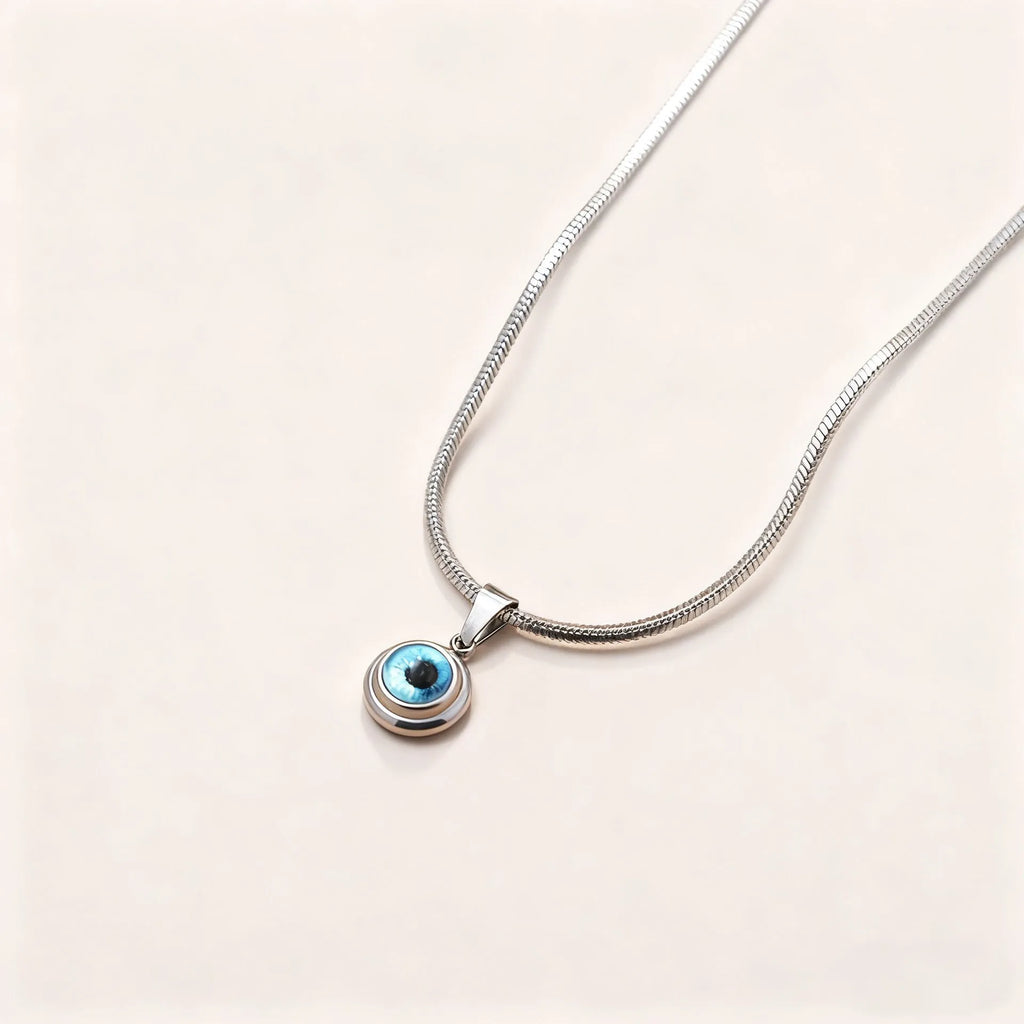 Angel Eyes titanium steel necklace with gold plating and coloured glaze eye pendant on snake bones chain
