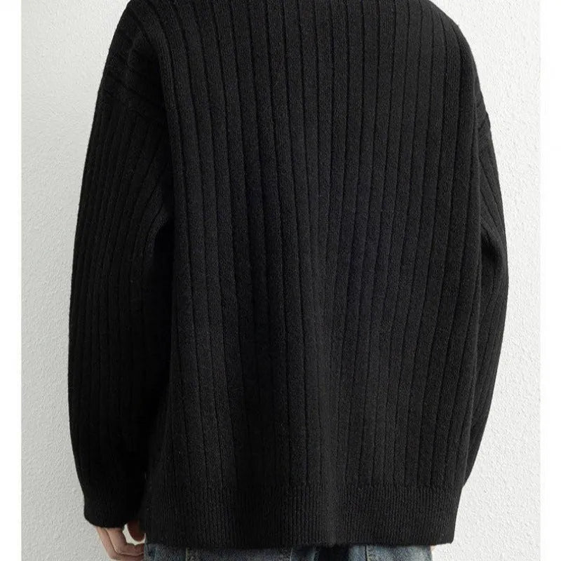 Men's grey half zipper loose pullover sweater with textured knit pattern and long sleeves