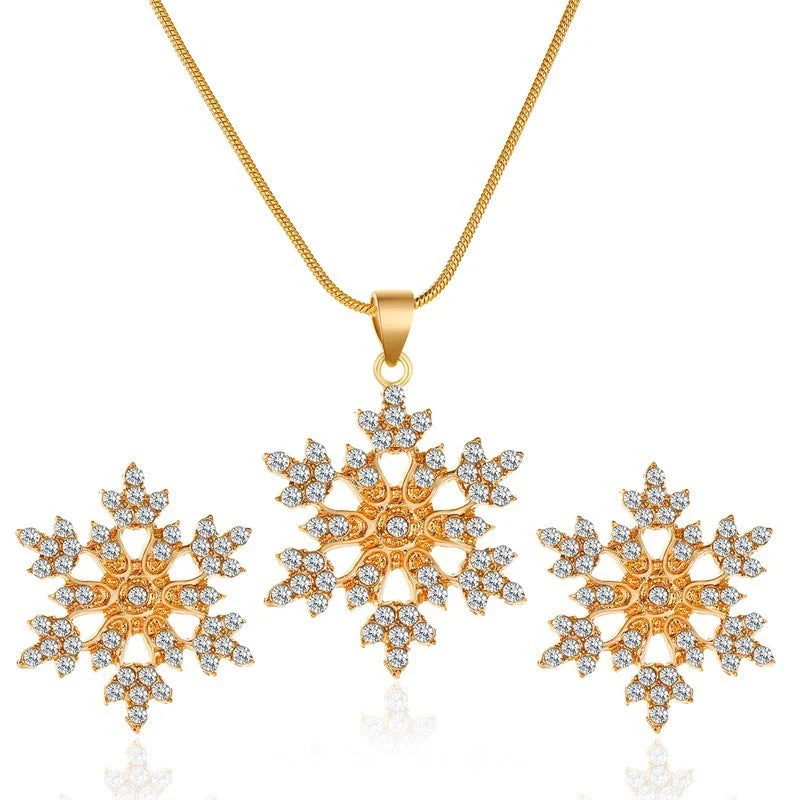 3-piece snowflake necklace set with rhinestone earrings and clavicle chain pendant in gold and silver