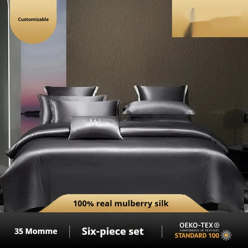 Solid colour silk quilt cover and pillowcases from a four-piece bedding set in a light luxury style.