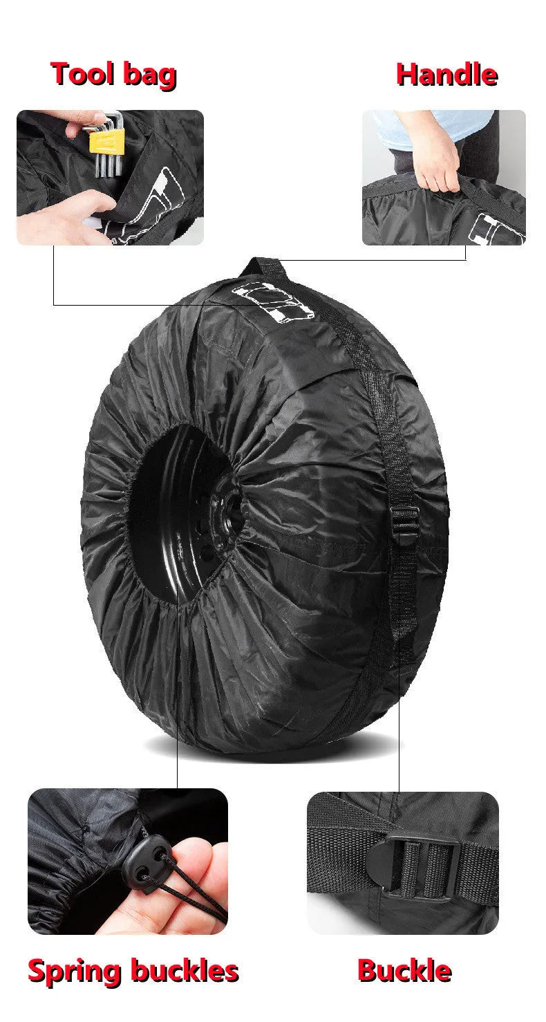Four black Oxford cloth tyre protective covers laid flat, showing their circular shape and belt-style detailing.