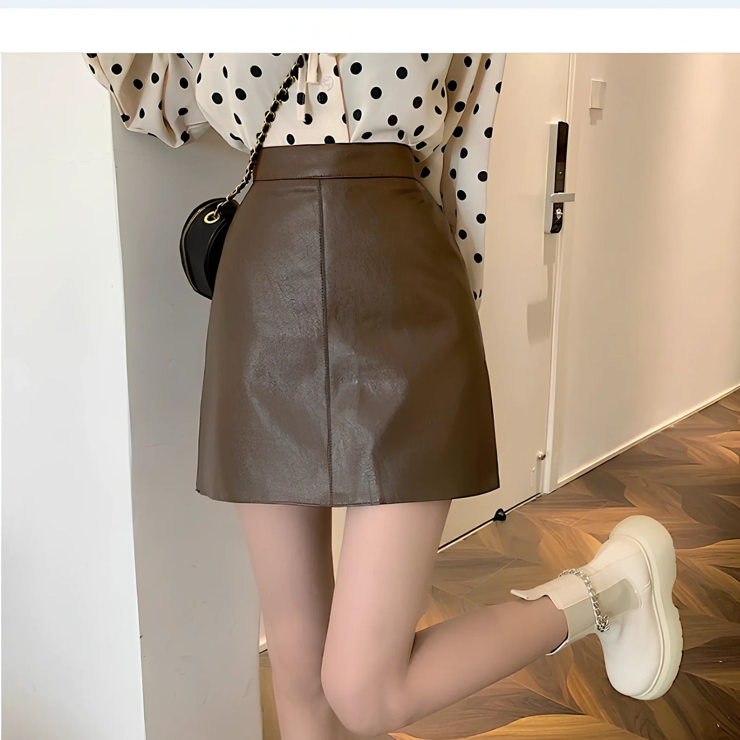 Women's shiny PU leather pencil skirt with high waist and side zipper in pink, black, or yellow