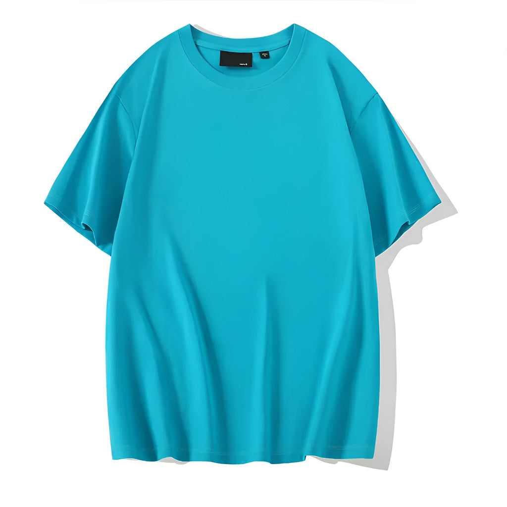 Men's solid colour cotton T-shirt with round neck and drop-shoulder sleeves