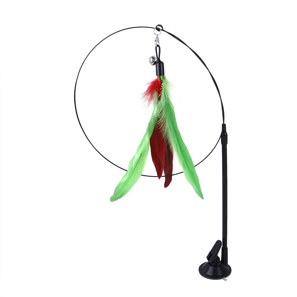 H Hot-selling sucker cat teaser with blue flying fish replaceable head, steel wire arm, and PP construction on a window