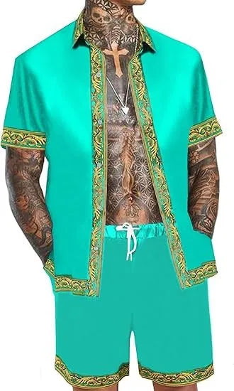 Men's casual loose short sleeve shirt and shorts Hawaii suit in polyester fabric summer set with eight colour options