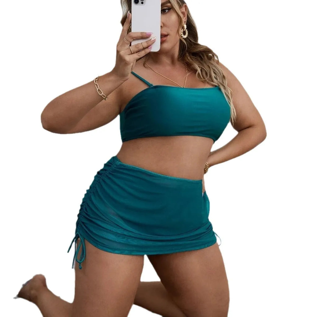 Women's pure colour mesh bikini three-piece set showing top, underwear, and apron accessory.