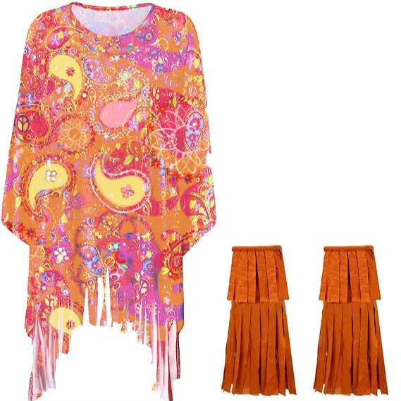 Colourful tie dye Halloween cloak costume with bell sleeves on a hanger