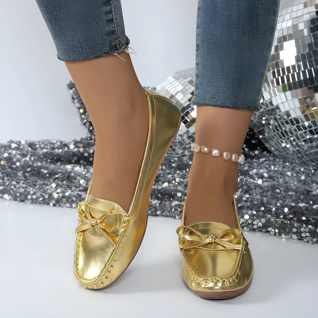 Casual bowknot flat shoes women soft-soled loafers slip-on round toe patent leather black