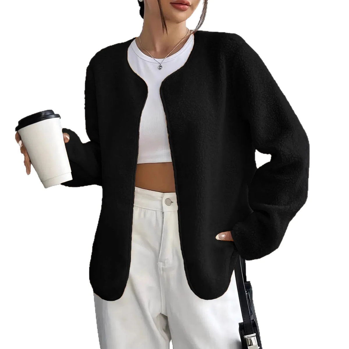 Women's fashion casual solid colour cardigan short jacket in brick red, medium thickness polyester fabric, long sleeves, regular fit