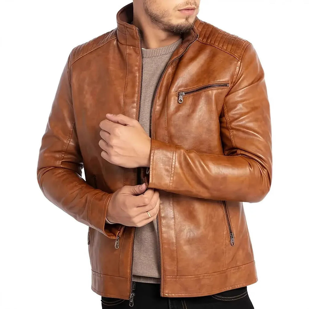 Men's brown artificial leather punk motorcycle jacket with stand collar and straight hem