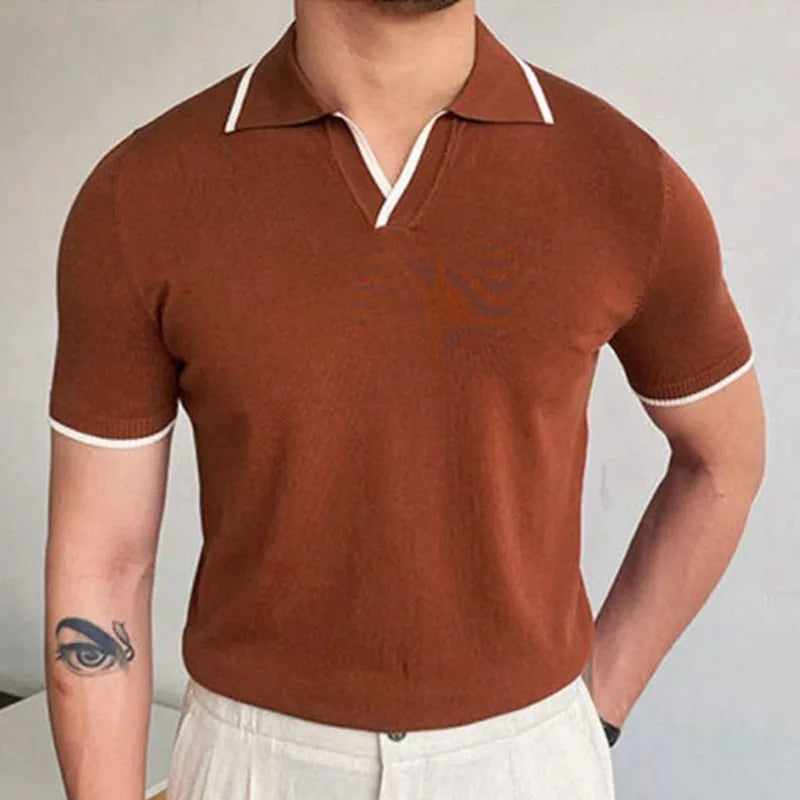 Men's summer red lapel knitwear top with short sleeves and flocking detail in viscose
