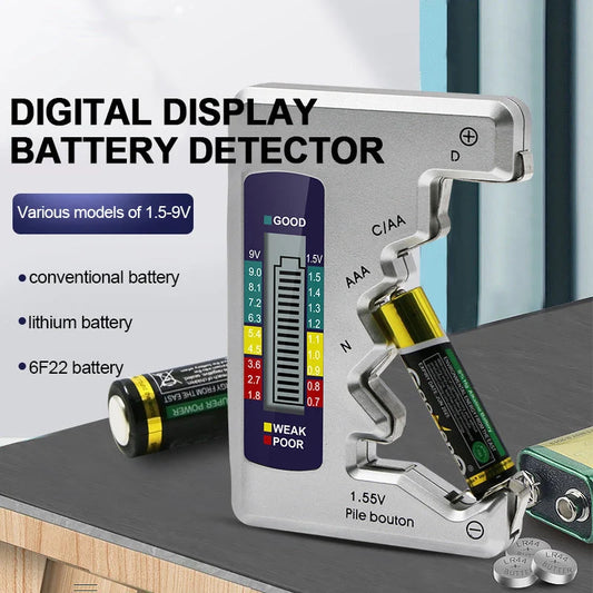 Universal digital battery tester for AA, AAA, 9V, and button cells with LCD display