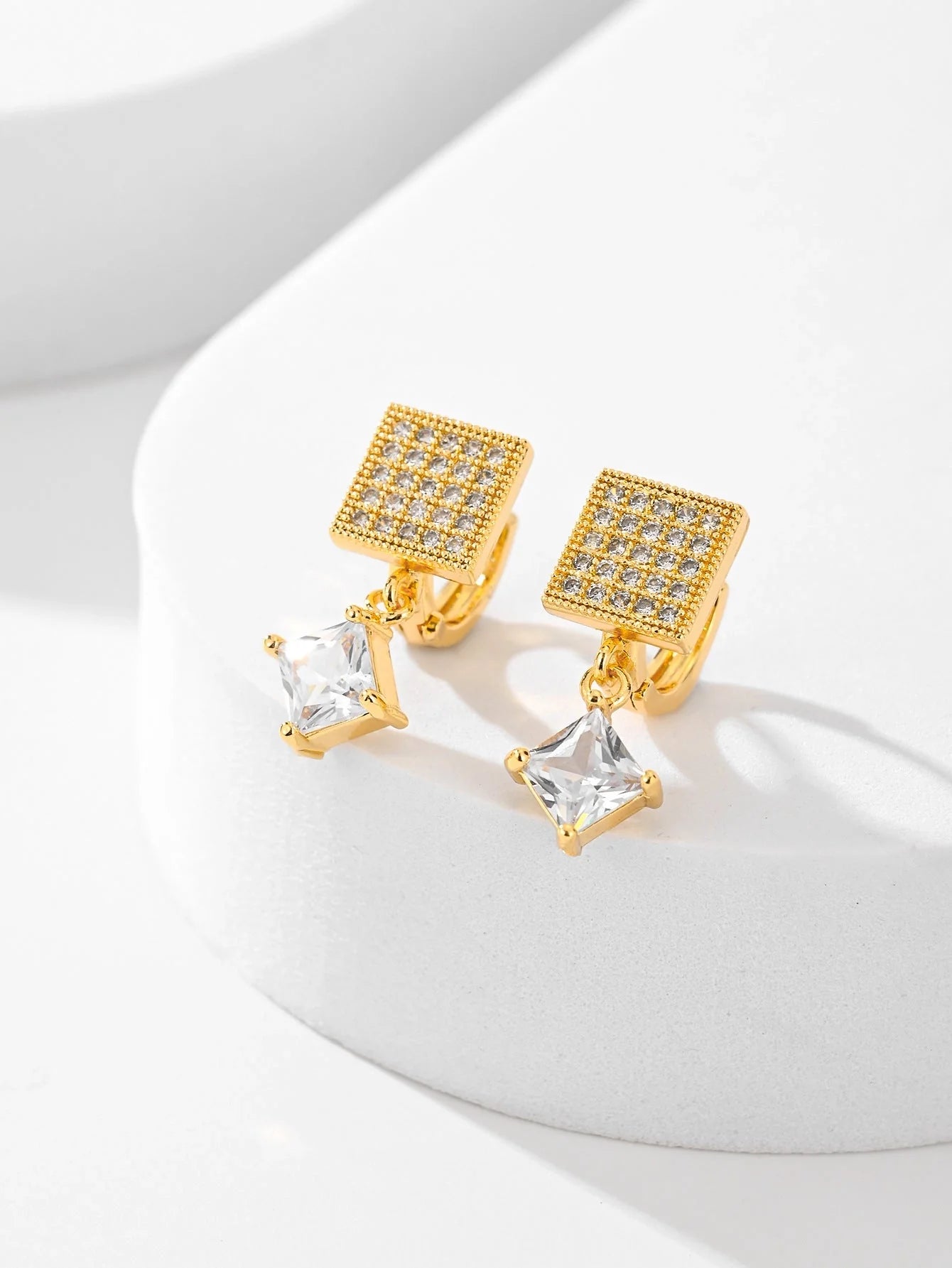 Square zircon stud earrings in six colours: black, red, green, white, champagne, and pink.