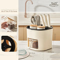 White rotating kitchen storage bucket set with a separate four-compartment spice box for cutlery and utensil organisation.