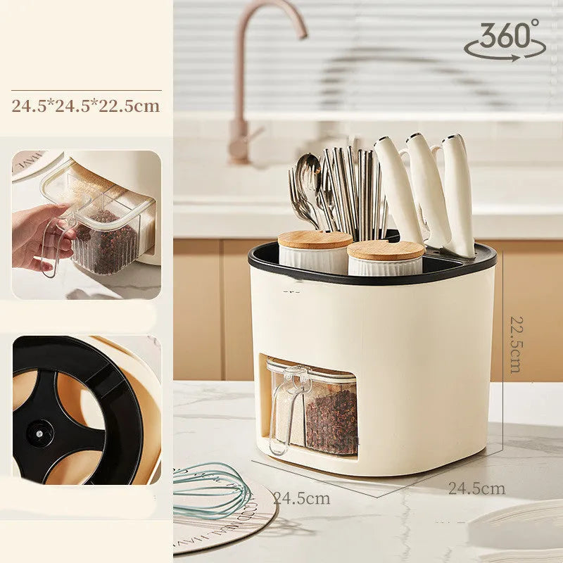 White rotating kitchen storage bucket set with a separate four-compartment spice box for cutlery and utensil organisation.