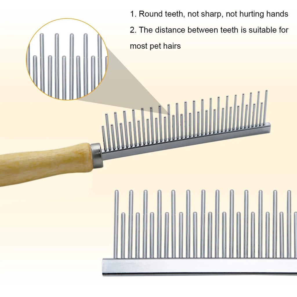 Wooden handle pet grooming comb for dogs and cats with round-tip metal teeth.