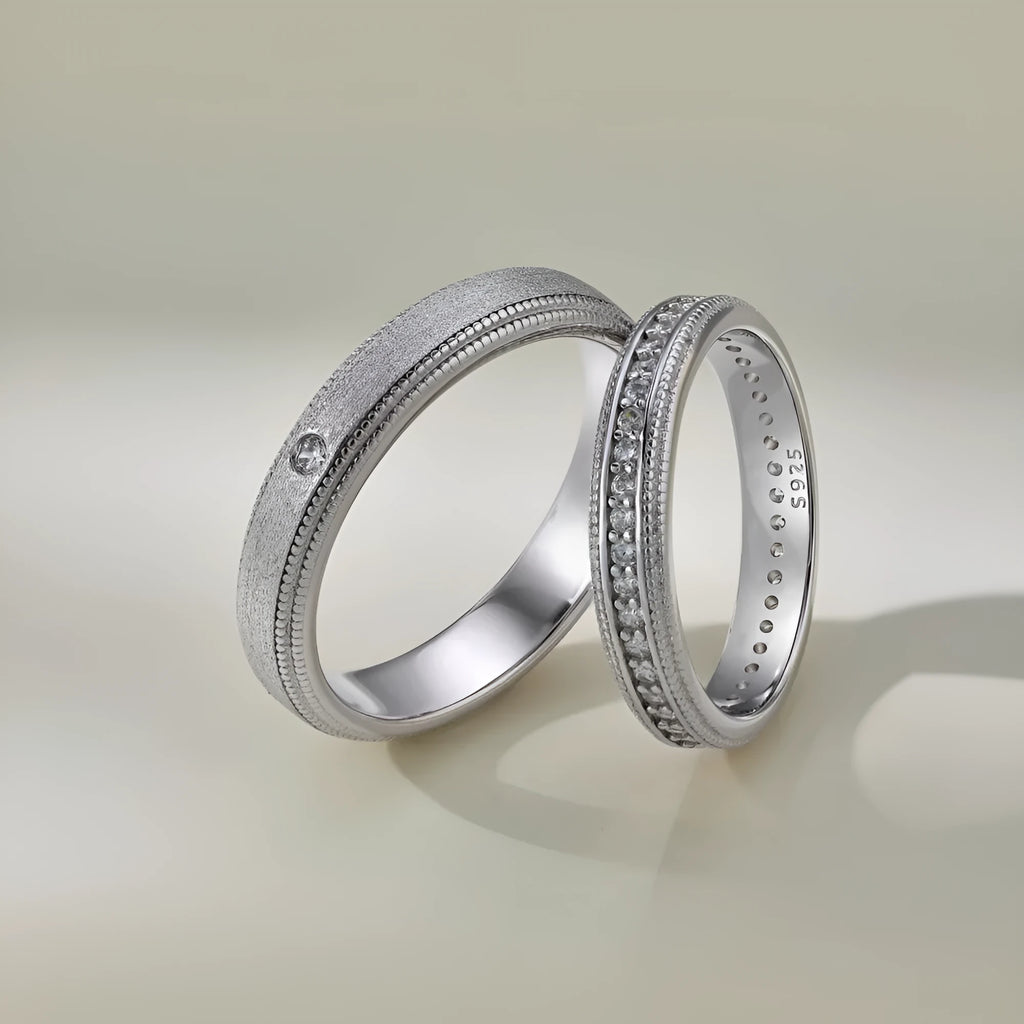 S925 sterling silver couple rings geometric design electroplated finish platinum colour side view