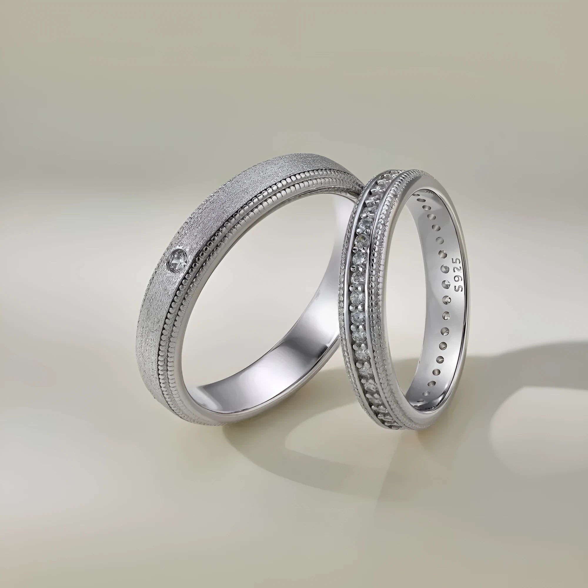 S925 sterling silver couple rings geometric design electroplated finish platinum colour side view
