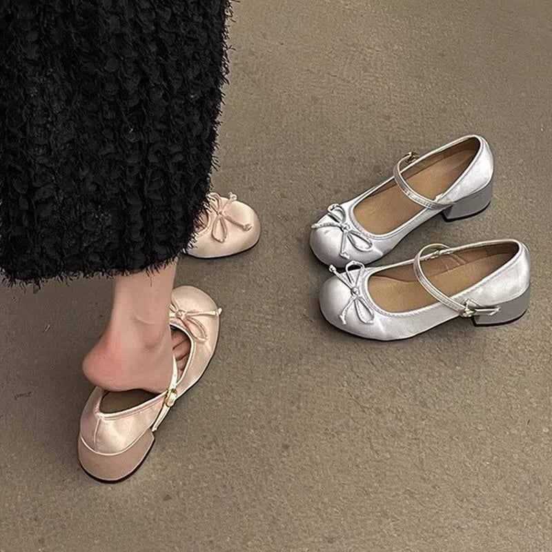 Mary Jane shoes for women with chunky heel round toe buckle strap in pink