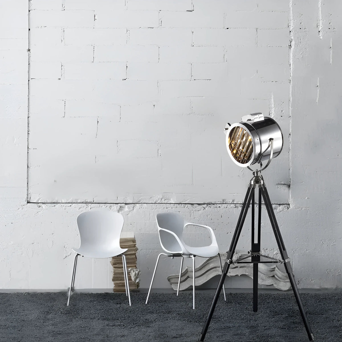 LED tripod floor lamp with stainless steel shade and adjustable height in chrome finish