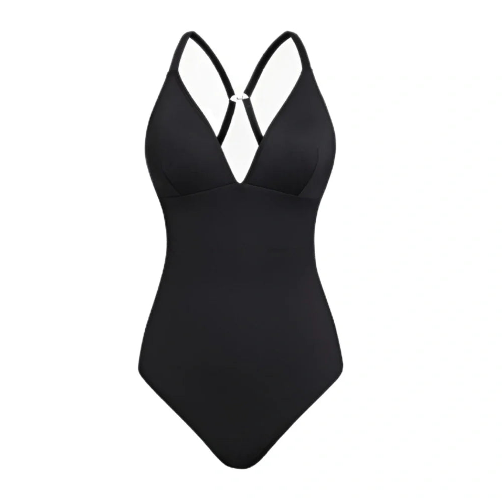 Women's solid colour V-neck one-piece swimsuit in black, red, blue, or green options