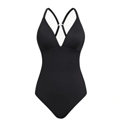 Women's solid colour V-neck one-piece swimsuit in black, red, blue, or green options