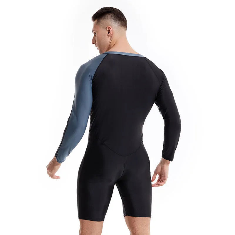 Men's professional diving one-piece swimsuit in black and gray shark skin style