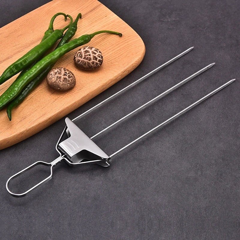 Stainless steel 3-prong BBQ skewer forks for perfect kebabs, non-stick and reusable.