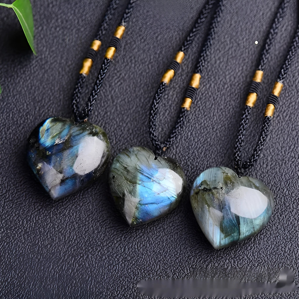 Natural labradorite moonstone heart necklace with blue light crystal geometric pendant