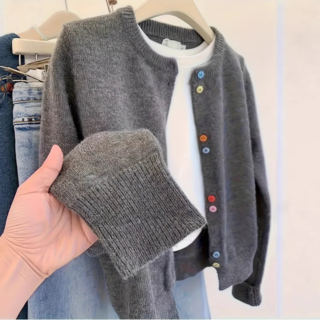 Dark grey women's polyester cardigan sweater with button front and long sleeves