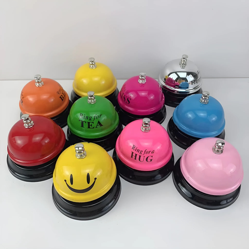 Iron hand bell for classrooms or restaurants in a choice of colours including red, green, and blue