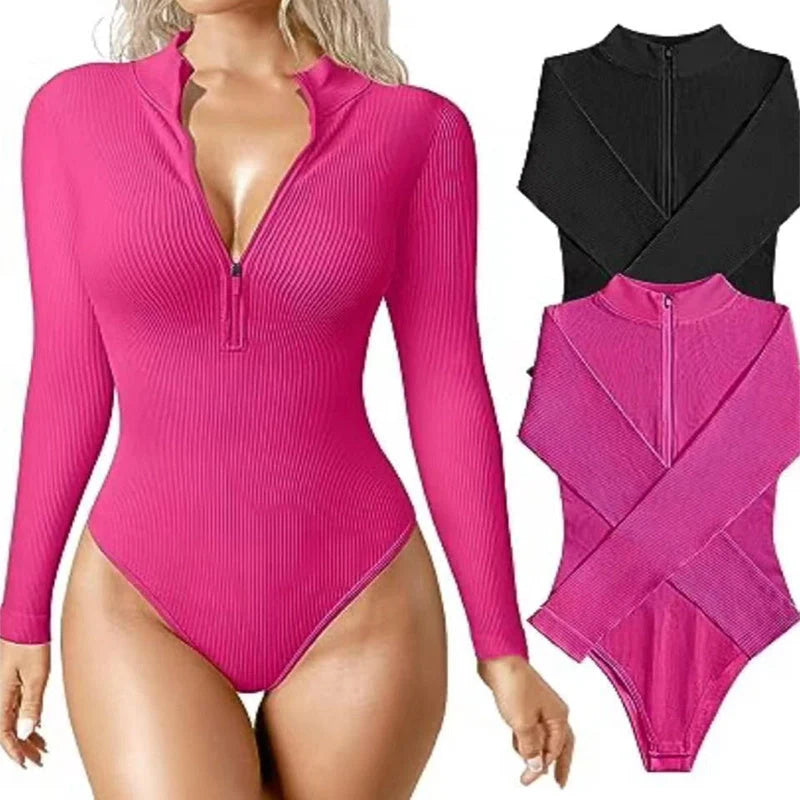 Women's long sleeve zipper jumpsuit with seamless slimming shapewear in various colours