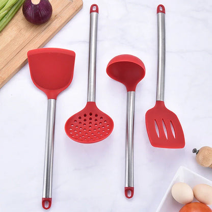 Versatile Silicone Kitchenware Set with Stainless Steel Handles - Includes Spoon, Spatula, Colander, and More