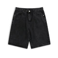 Men's light blue denim casual shorts with five pockets and a straight leg on a mid-waist.