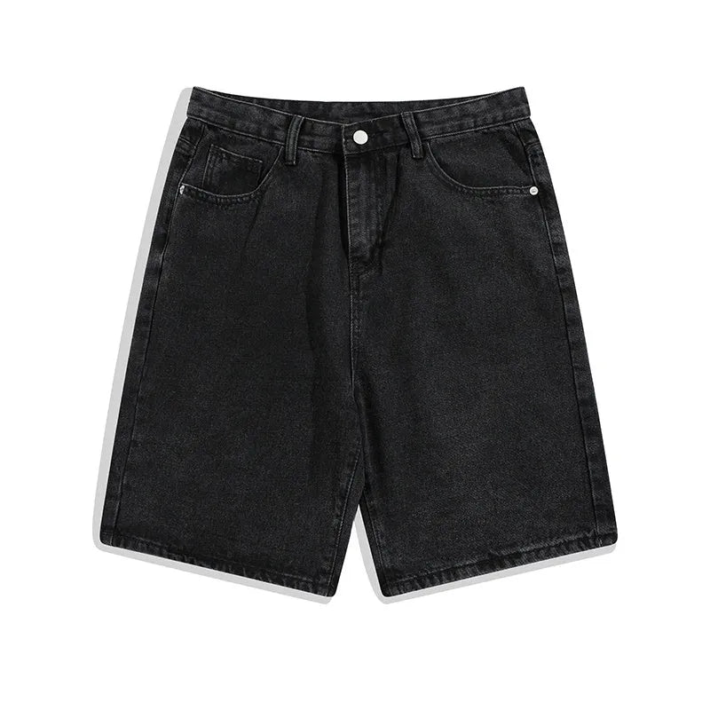 Men's light blue denim casual shorts with five pockets and a straight leg on a mid-waist.