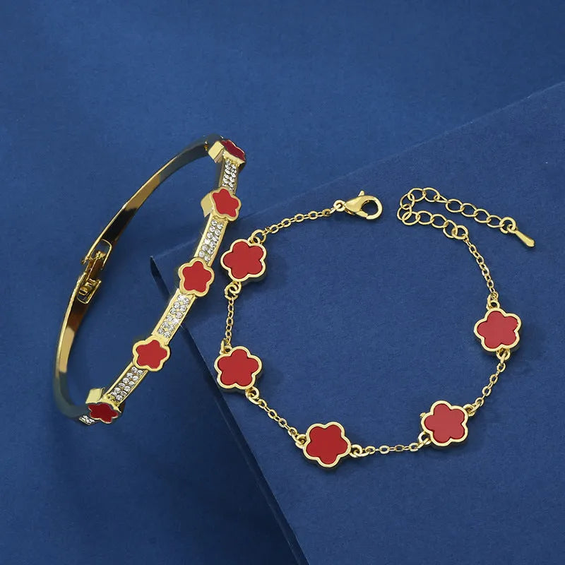 Five Petal Flower Brace Lace Bracelet Two-piece Set in copper with electroplated finish, five colours available