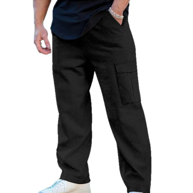 Men's straight-leg corduroy cargo trousers with elastic drawstring waist in multiple colour options