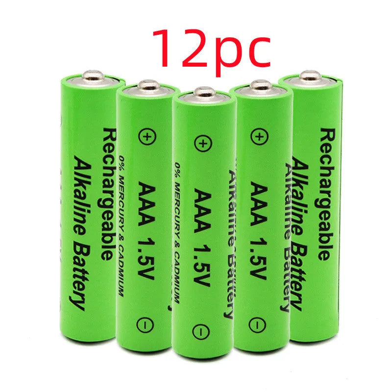 Green alkaline AA rechargeable battery with 3000mAh capacity and 1.5V rating on label.