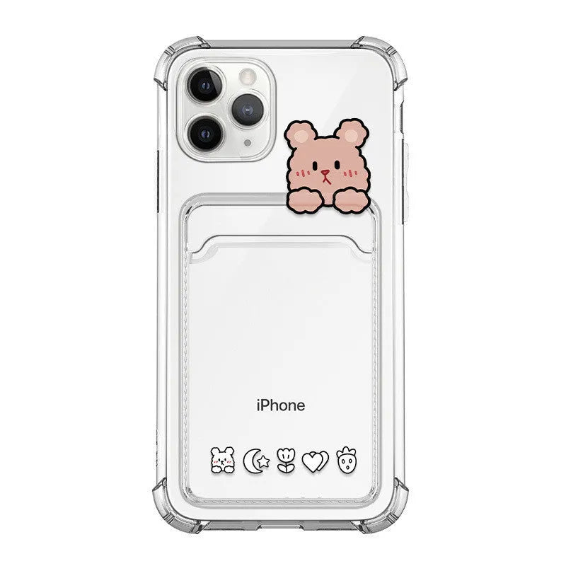 Clear cartoon-design iPhone case with a built-in card holder slot on the back.
