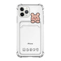 Clear cartoon-design iPhone case with a built-in card holder slot on the back.
